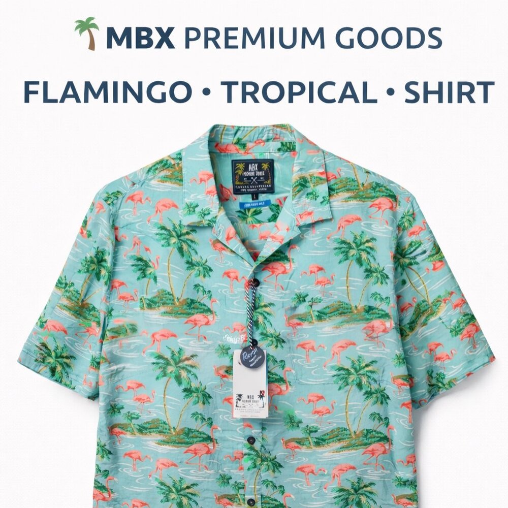 MBX Premium Goods Flamingo Tropical Shirt Mens L Cabana Hawaiian Button Up NWT